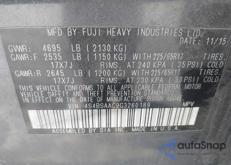 2016 Subaru Outback 2.5I z USA, uszkodzony, nr VIN 4S4BSAAC9G3260189